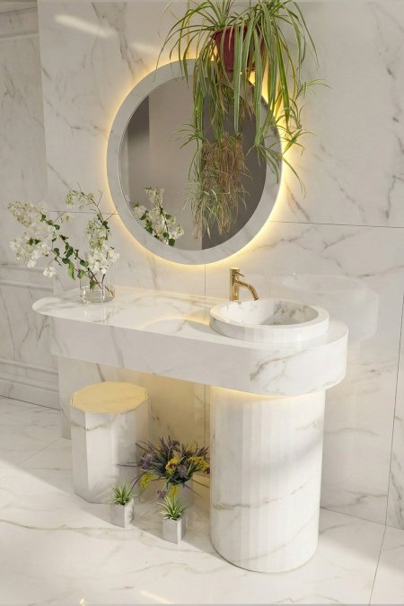 مغسلة رخام فخمة – Curve Bar مع قاعدة أسطوانية + حوض دائري